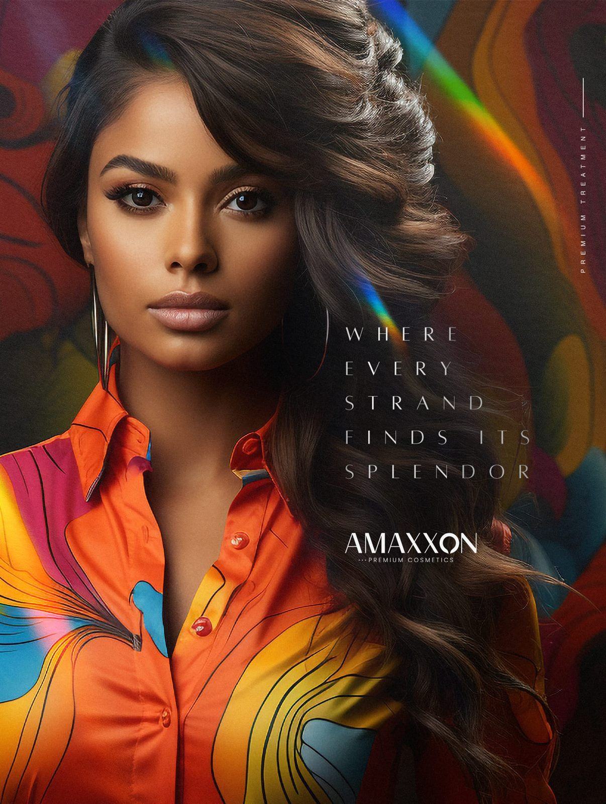 Portrait de campagne Amaxxon : mannequin aux longues boucles brunes travaillées, devant un fond peint multicolore traversé d'un arc-en-ciel. Texte inscrit dans l'image : « Where every strand finds its splendor », mention « Premium treatment » et logotype « AMAXXON — Premium Cosmetics ».